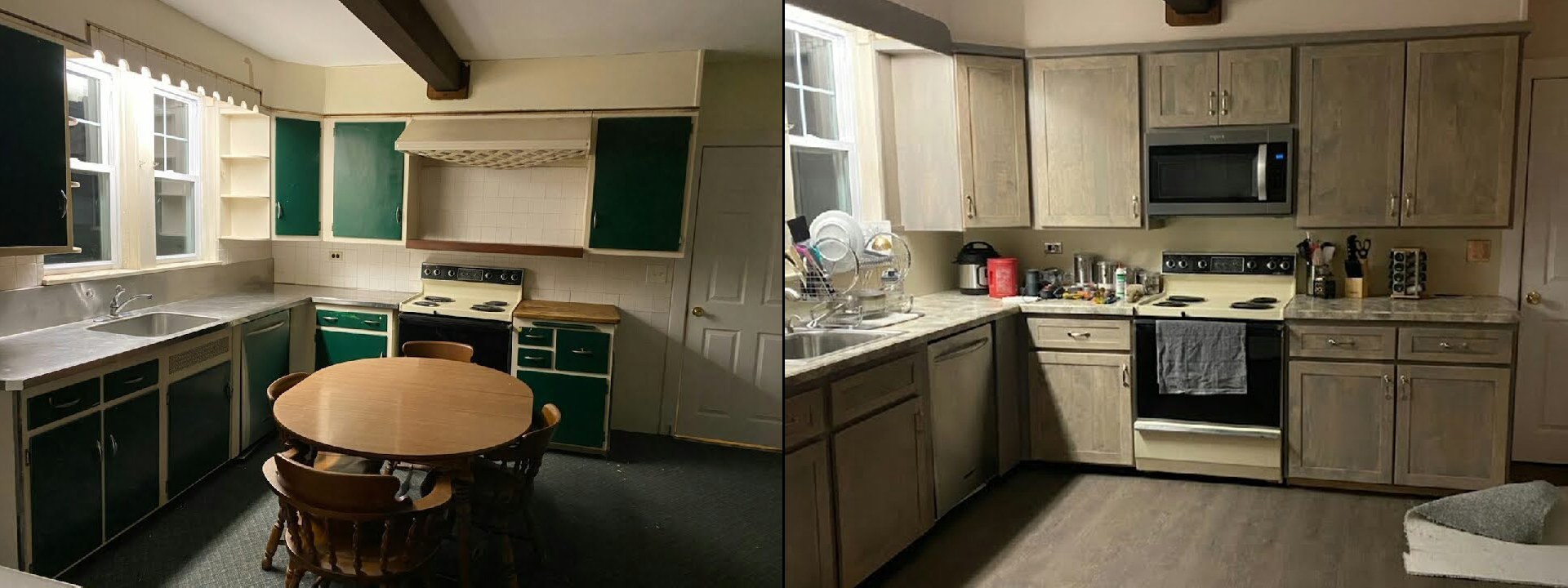 Before and After of Custom Kitchen Refacing in grey stain with all new hardware in L-shaped kitchen