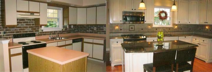 This before and after Langhorne, Bucks County shows a simple job with backsplash updated in tile and new appliances, and cabinets with a glazed finish. Note the custom furniture kick plate area.