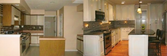 This kitchen in Langhorne, Newtown, Bucks County was able to keep the same floor plan but added a larger island and taller wood cabinets up to the ceiling. Custom toe kick area and upgraded furniture look for a beautiful custom look.