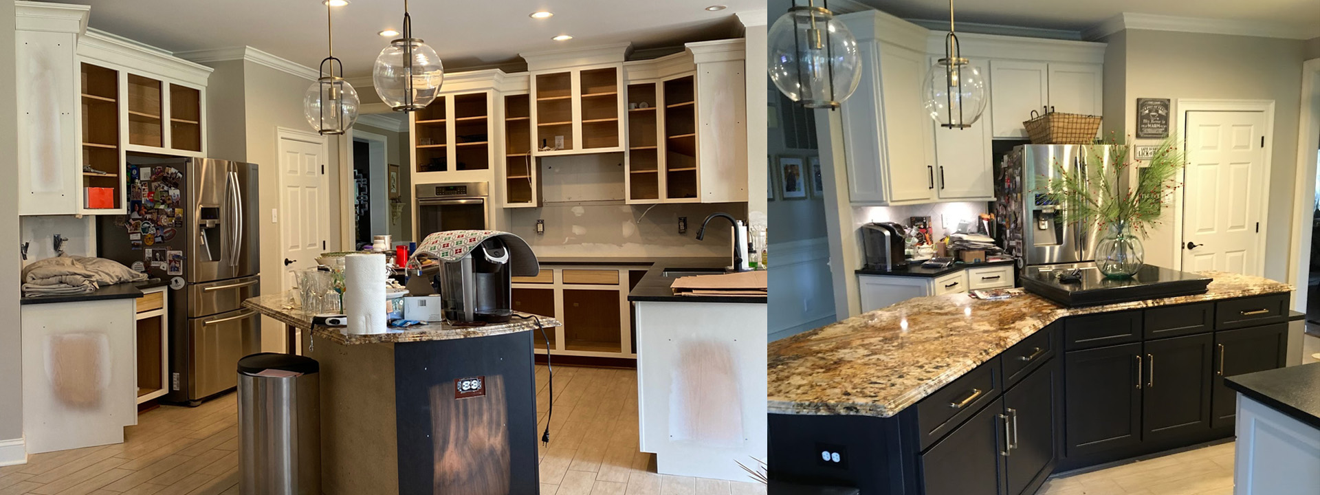 Custom Kitchen Cabinet Refacing with White Painted Finish on Cabinets and Dark Stained Island