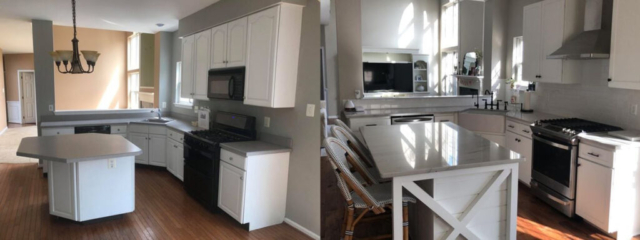 Before and After Kitchen Updated with New Doors, Drawers and Hardware as well as custom design features